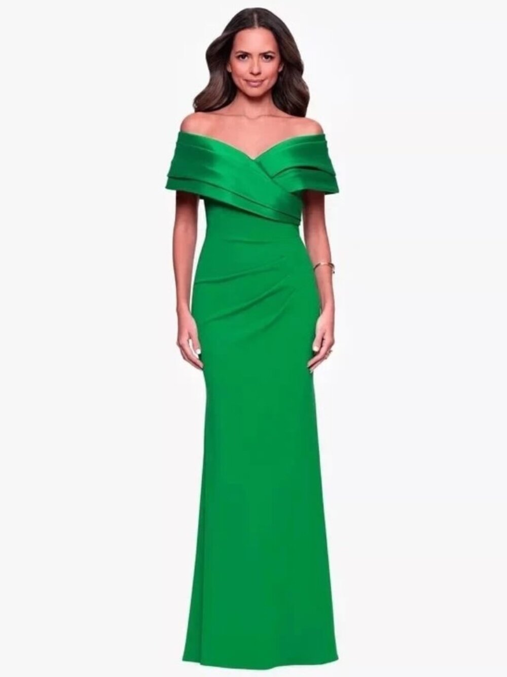 Betsy & Adam Green Taffeta Crepe Off the Shoulder Gown